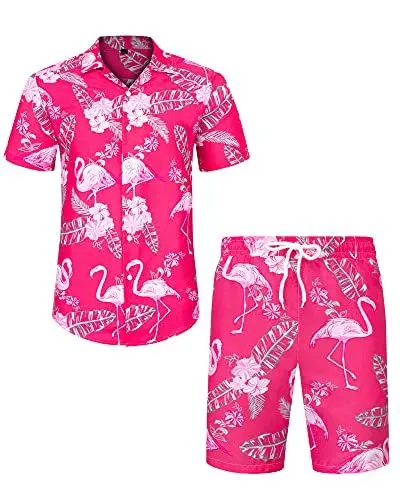 Produktbild: J.VER Herren Hawaiihemd Flamingo Floral Kurzarmhemd und Shorts Sommer Beach Freizeithemden Funky Party Outfit Hawaii Hemd Männer Faltenfrei Urlaub Hemd Set,Rosa Flamingo,S