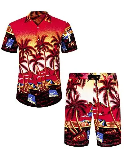 Produktbild: J.VER Herren Hawaiihemd Flamingo Floral Kurzarmhemd und Shorts Sommer Beach Freizeithemden Funky Party Outfit Hawaii Hemd Männer Faltenfrei Urlaub Hemd Set,Rot Strand,L