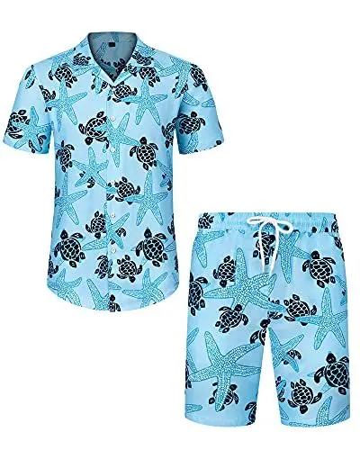 Produktbild: J.VER Herren Hawaiihemd Flamingo Floral Kurzarmhemd und Shorts Sommer Beach Freizeithemden Funky Party Outfit Hawaii Hemd Männer Faltenfrei Urlaub Hemd Set,Blau schildkröten,3XL