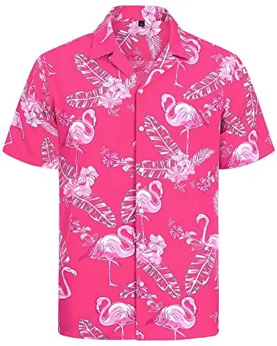 Produktbild: J.VER Hawaiihemd Herren Flamingo Kurzarm Hemd Casual Sommer Strandhemd Bügelfrei Button Down Kurzarm Hawaii Shirt Faltenfrei Urlaub Shirt,Rosa Flamingo,M