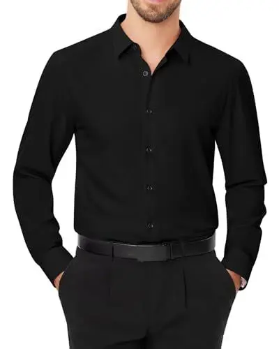 Produktbild: J.VER Herren Hemd Langarm Freizeithemd Regular Fit Businesshemd Modische Büro Oberhemd Geschäftsleute Knitterarm Anzug Hemd,Schwarz,XL