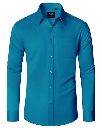 Produktbild: J.VER Herrenhemden Langarm Bügelfrei Türkis Stretch Männer Hemden Comfort Fit Businesshemd Einfarbig Hochzeit Outfit Herren L