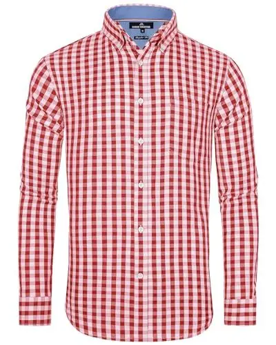 Produktbild: J.VER Kariertes Hemden Faltenfrei Luftig Freizeithemd Regular Fit Atmungsaktives Tracht Outfit Modern Fit Check Arbeitshemd,Rot Weiß,XXL
