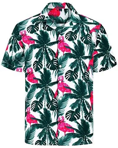 Produktbild: J.VER Kurzarmhemd Herren Hawaiihemd Flamingo Blumenhemden Sommer Freizeit hemde Bügelfrei Comfort Fit Strandhemd Für Büro Hochzeit Reisen Grün Flamingo XL