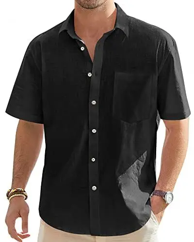 Produktbild: J.VER Leinenhemd Herren Hemd Kurzarm Leinenshirt Freizeithemd Businesshemd Sommer Casual Regular Fit Shirt,Schwarz,XXL