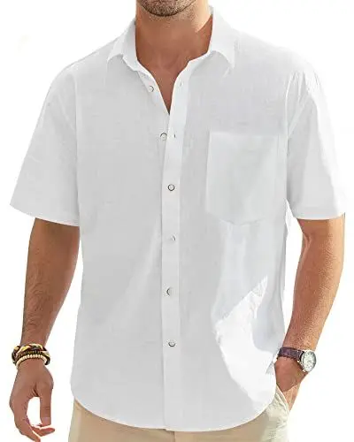Produktbild: J.VER Leinenhemd Herren Hemd Kurzarm Leinenshirt Freizeithemd Businesshemd Sommer Casual Regular Fit Shirt,Weiß,3XL