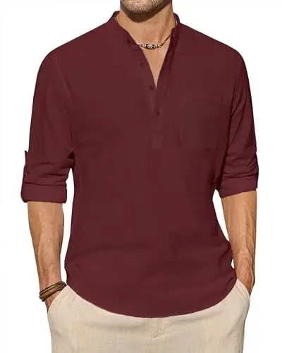 Produktbild: J.VER Leinenhemd Herren Langarm Freizeithemd Henley Sommerhemd Herren Hemd Regular Fit Men Shirts,Bordeauxrot,M