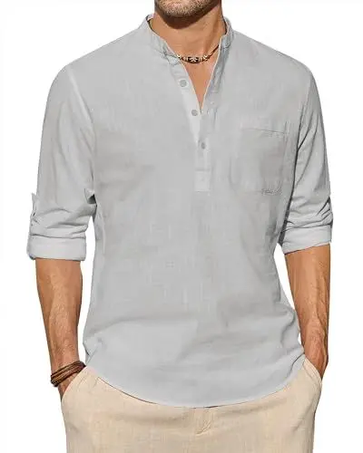 Produktbild: J.VER Leinenhemd Herren Langarm Freizeithemd Henley Sommerhemd Herren Hemd Regular Fit Men Shirts,Hellgrau,3XL