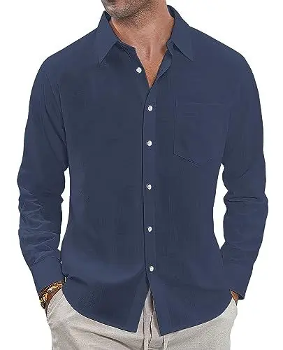Produktbild: J.VER Leinenhemd Herren Marineblau Sommerhemd Button Down Freizeithemd Hemd Herren Langarm Regular Fit Oberhemden Herren,Marineblau,XXL
