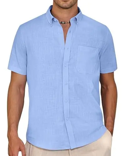 Produktbild: J.VER Leinenhemd Herren SommerLeinenhemd Herren Hemd Kurzarm Sommerhemd Regular Fit Strandhemd Casual mit Taschen,Blau,3XL