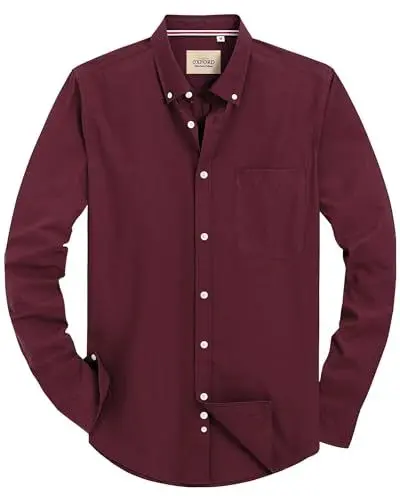 Produktbild: J.VER Oxford Herren Hemd Bügelfrei Regular Fit HerrenHemden Langarm Casual Oberhemd aus Baumwolle Button Down Hemden Faltenfrei Freizeithemd mit Tasche,Burgunderrot,4XL