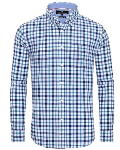 Produktbild: J.VER Tracht Hemd Freizeit Karohemd Button Down Arbeitshemd Traditionelles Männer Hemden Comfort Fit Trekking Langarm Shirt,Marine Blau Weiß,XL
