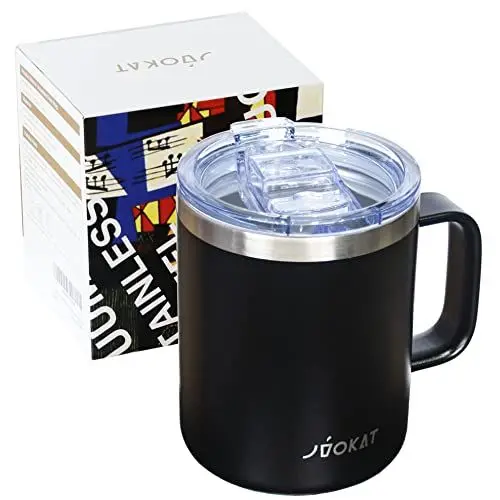 Produktbild: JVOKAT Thermobecher mit Henkel, 350ml, Vakuum Isolierter Becher mit Deckel, Kaffeebecher, Teetasse, Doppelwandiger Edelstahl Camping becher, Travel Mug, Bierkrug (Schwarz)