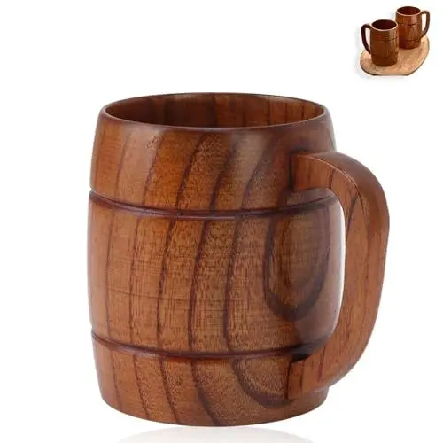 Produktbild: Jwthee Holz-Bierkrüge, 300 ml, großer Holz-Bierkrug, handgefertigter Holz-Bierkrug, Camping, Reisen, Outdoor-Becher für Männer, Tee-Kaffeetasse mit Griff, Holztasse, Kaffeetasse zum