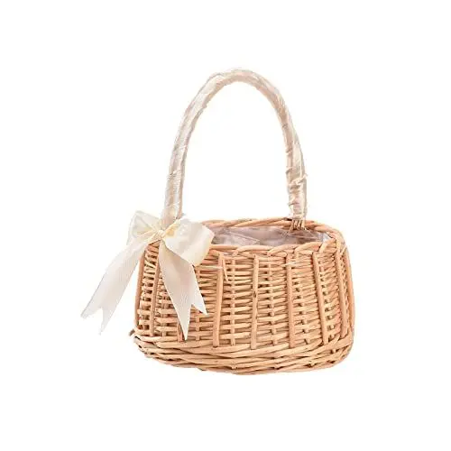 Produktbild: JYCRA 2 Stück Rattan-Blumenkorb, Blumenmädchen-Körbe, Hochzeitskörbe mit Griff für Blumenmädchen, Schleifen-Satin-Blumenkörbe für Hochzeiten, Braut, Zuhause, Hochzeit, Party, Dekoration(#1)