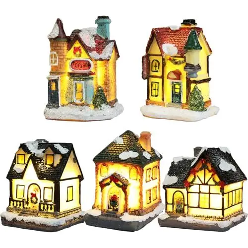 Produktbild: JYCRA 5-teiliges Weihnachtsdorf-Set, LED-beleuchtete Weihnachtsdorfhäuser mit Figuren, Kleines Haus, Dekorationen für den Innen- und Außenbereich, Heimdekoration, Weihnachten
