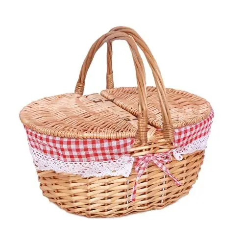 Produktbild: Picknickkorb-Set aus Weidengeflecht mit Deckel und Griff, Ovaler, Handgeflochtener Picknickkorb aus Weidengeflecht für Camping Im Freien (B)