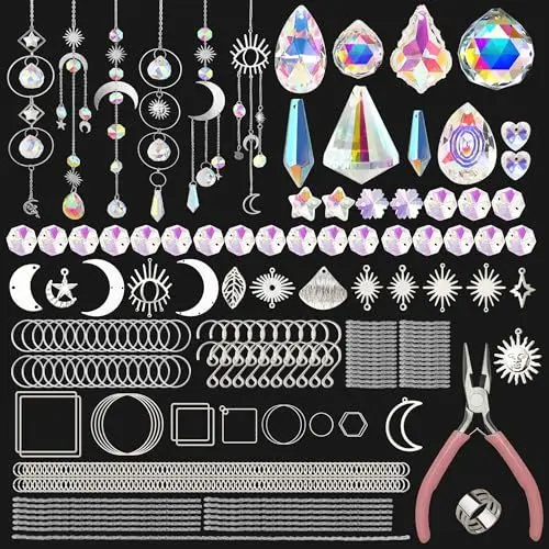 Produktbild: JYNTERPLAY 370 Stück Sonnenfänger Bastelset Kristall DIY Lichtfänger Regenbogen Anhänger Kristalle zum Aufhängen Windspiel für Fenster Garten Party Hochzeit Zuhause Büro Dekor