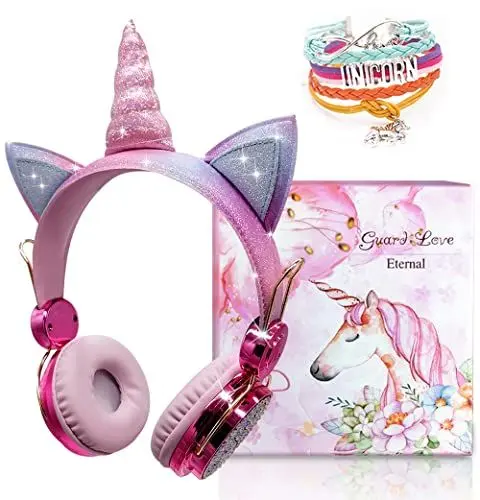 Produktbild: JYPS Einhorn Bluetooth kopfhörer Kinder, Kabellos Kinderkopfhörer Over-Ear mit 85dB Lautstärke Begrenzung, Mädchen Kopfhörer für Kinder mit Mikrofon und Kabel, Bluetooth 5.0, eingebautes Mikrofon