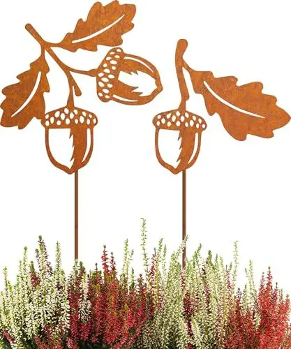 Produktbild: JYUECIAN Eichel Rost Gartenstecker Herbstdeko Outdoor Gartendeko Winterdeko für Draußen, Gesamthöhe 45 cm