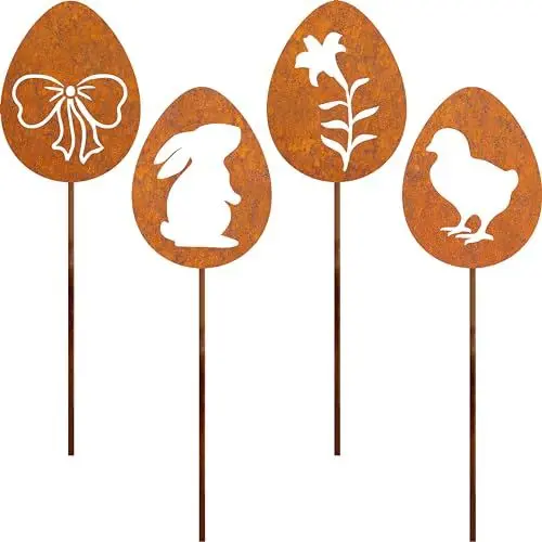 Produktbild: JYUECIAN Ostereier Gartenstecker 4er Ostern Rost Deko Gartendeko für Draußen, Edelrost Metall Ostereier Roststecker Bauernhof Frühling Deko