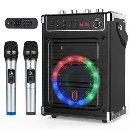 Produktbild: JYX Karaoke Maschine mit 2 UHF-Funkmikrofonen, Bluetooth-Lautsprecher mit Bass-/Höhen-Einstellung und LED-Licht, PA-Systemunterstützung TWS, AUX in, FM, Rec, Versorgung für Party/Erwachsene/Kinder