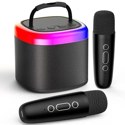 Produktbild: JYX Karaoke-Maschine mit 2 kabellosen Mikrofonen, tragbar, Spielzeug für Kinder und Erwachsene, Mini-Karaoke, Bluetooth, Geschenkidee für Kinder 5, 6, 7, 8, 9, 10, 11, 12, 13, 14, 15 Jahre, Schwarz