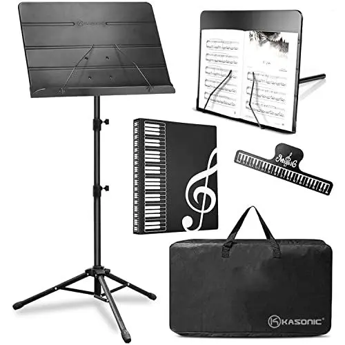 Produktbild: K Kasonic Faltbarer Notenständer, 2-in-1 Zusammenklappbarer Notenständer mit Notenblattmappe, Tragbarer Notenständer-Set für Aufführungen, Notenständer-Tripod für Musikalische Bedürfnisse, Schwarz