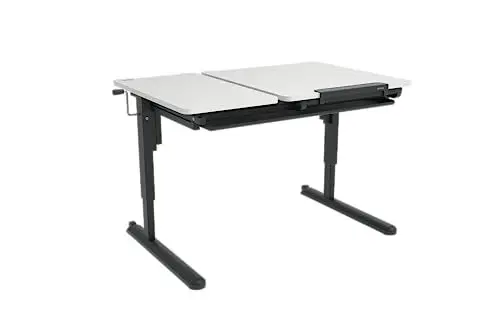 Produktbild: K KETTLER Schülerschreibtisch Kinderschreibtisch höhenverstellbar und neigbar, mit Schublade und Rollen (Tischgestell anthrazit/Tischplatte alpinweiß)