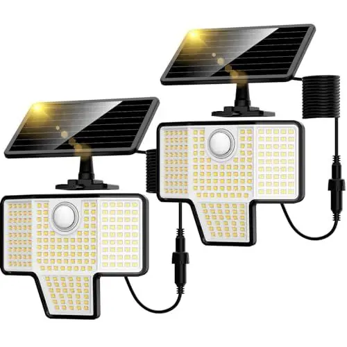Produktbild: K Kasonic Solar Bewegungsmelder Außenleuchten, 6500K LED Sicherheitsleuchten mit 3 Modi, 270° Weitwinkelbeleuchtung, 2er Pack IP65 Wetterfeste Solarflut mit 5M Draht für die Garage, den Hof