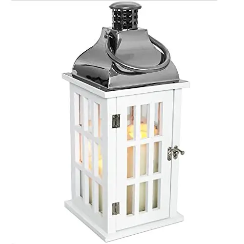 Produktbild: K + M Holz Laterne mit Metalldach 40x17x17cm Gartenlaterne Holzlaterne Windlicht mit Henkel Holzgestell mit Glasfenstern Kerzenhalter Gartenbeleuchtung Dekoration