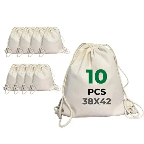 Produktbild: LYRVON TEXTIL 10er-Pack Premium Baumwoll Turnbeutel 38 x 42 cm | Sportbeutel | Zuziehbeutel | Gymsack | Jutebeutel | Schule Rucksack | Naturfarbe