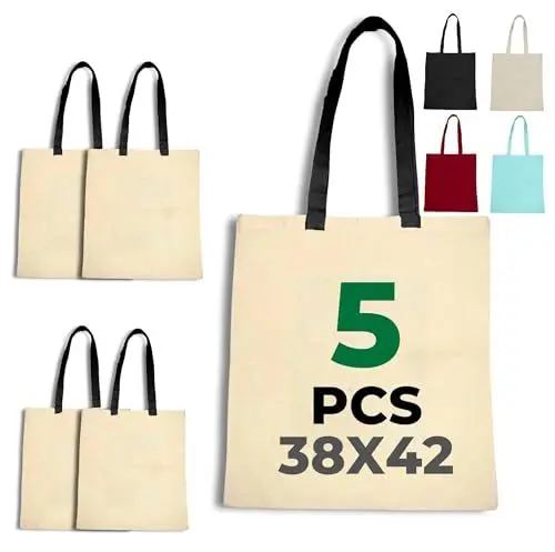 Produktbild: LYRVON 5er | 10er Pack PREMIUM Baumwolltasche 38 x 42 cm, Stofftaschen zum bemalen oder Besticken, Stoffbeutel mit Langen Henkeln, Unbedruckt (5, Natur/Schwarzen Henkel)