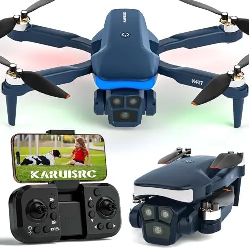 Produktbild: K417 Drohne mit 1080P HD Kamera, 90° schwenkbar, Blaue LED-Beleuchtung, Optische Fluss-Positionserkennung, Faltbarer FPV RC Quadrocopter, Gesten-/VR-/Handy-Steuerung,18 Min Flugzeit, Tragetasche Dual