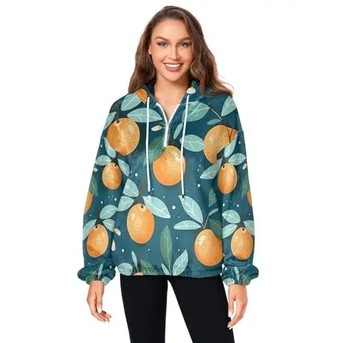 Produktbild: KAAVIYO Blauer Orangenbaum Damen Flauschiger Fleece-Mantel mit Taschen - Gemütlicher Oversize-Sweatshirt Pullover-Hoodie