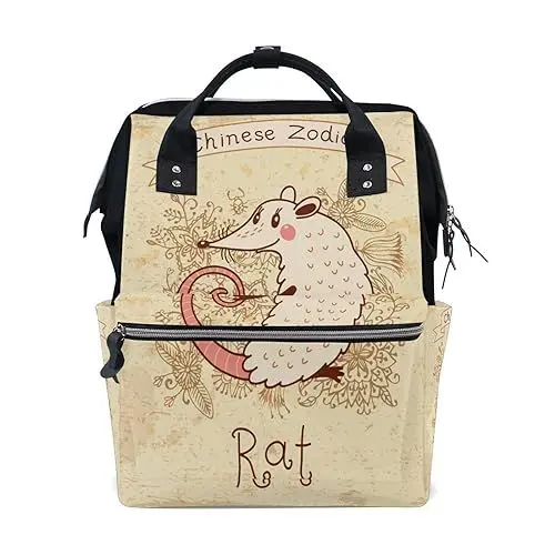 Produktbild: KAAVIYO Chinesisches Sternzeichen Ratte Blumen Wickeltasche Reiserucksack Grosse Kapazität Schulter Mom Taschen für Reisen im Freien