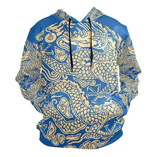 Produktbild: KAAVIYO Drachen Im Chinesischen Stil Gelb Kapuzenpullis Kapuzenpullover Sport Sweatjacke Herren Hoodies für Mädchen Jungen Männer(Gesundheit Stoff)