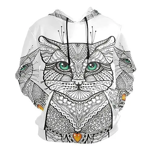 Produktbild: KAAVIYO Ethnische Kultur Katze Weiß Tier Kapuzenpullis Kapuzenpullover Sport Sweatjacke Herren Mit 3D Druck Hoodie Kapuze für Mädchen Jungen Männer