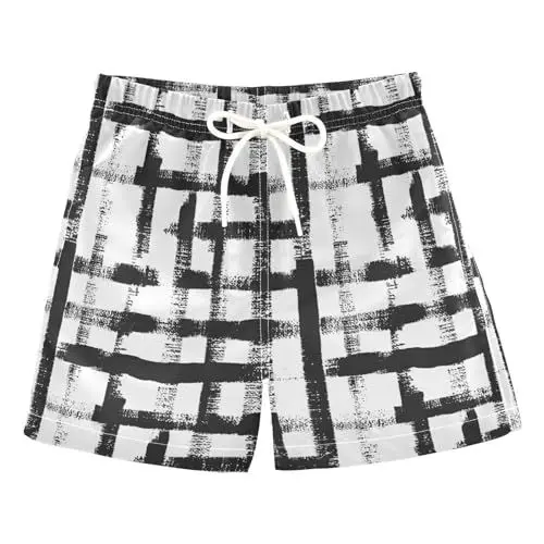 Produktbild: KAAVIYO Karo Tratan Schwarz Weiß Badehose für Jungen Badeshorts Sporthose Schnell Trocknende Hose für Strand Kinder