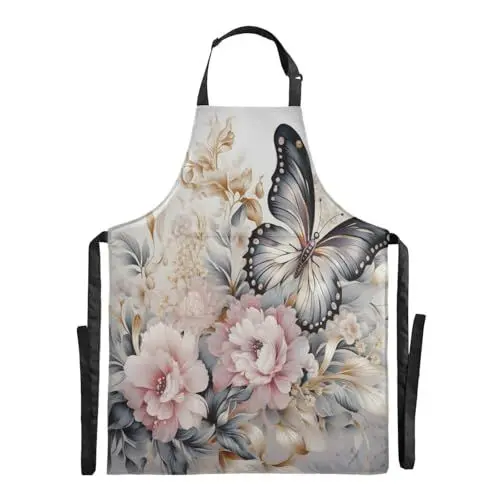 Produktbild: KAAVIYO Ölgemälde Blume Schmetterling Kunst Wasserdicht Schürze für Das Kochen Küchenschürze Latzschürze Kochschürze mit 2 Taschen für Kellner Männer Frauen Koch