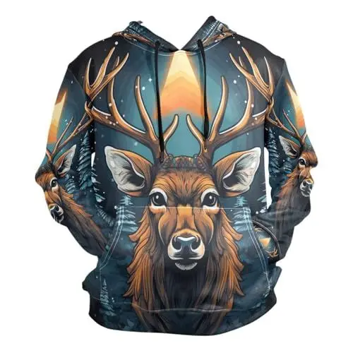 Produktbild: KAAVIYO Weihnachtskunsttier Hirsch Kapuzenpullis Kapuzenpullover Sport Sweatjacke Herren Hoodies für Mädchen Jungen Männer(Gesundheit Stoff)