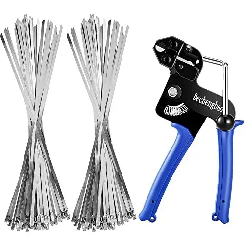 Produktbild: Kabelbinderpistolen-Set aus Metall, Kabelbinderpistole aus Edelstahl, verstellbares Spann- und Schneidwerkzeug mit 200 selbstsichernden Kabelbindern aus Edelstahl 304