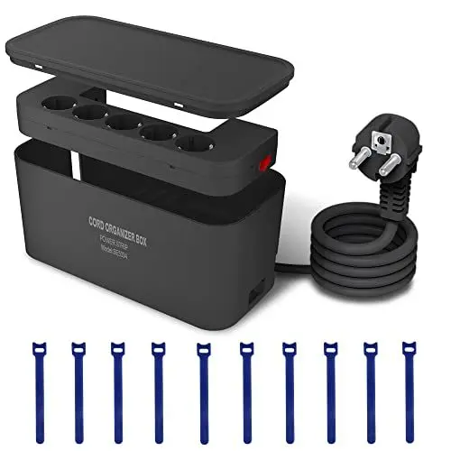 Produktbild: Kabelbox mit Steckdosenleiste USB Überspannungsschutz, Mehrfachsteckdose 5Fach mit 3USB Ladeanschlüsse, Kabel Organizer Box Steckdosenadapter (2500W) mit 2M Kabel, 29.5 * 14 * 14CM, Schwarz