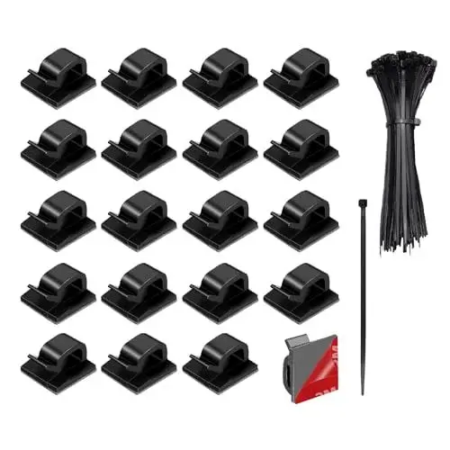 Produktbild: Kabelclips Selbstklebend Set, 20 Stück Kabelhalter und 100 Stück Kabelbinder 200mm Kabelklemmen Kabelorganizer Kabelführung für Kabelbefestigung Lichterkette(Schwarz)