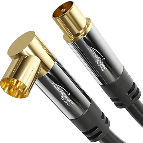 Produktbild: KabelDirekt – 4K Antennenkabel, TV Kabel 90° gewinkelt/gerade – Fernsehkabel mit Metallstecker für digitales & analoges Fernsehen – 10 m (Winkel-Buchse auf geraden Stecker für DVB-C/DVB-T/DVB-S)