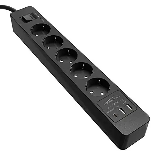 Produktbild: KabelDirekt – 5-Fach-Steckdosenleiste & Mehrfachsteckdose (USB, Power Delivery 3.0, Schnellladegerät, lädt geräteabhängig bis zu 3× schneller, Überspannungs-/Berührungsschutz, TÜV-geprüft, schwarz)