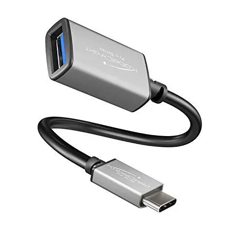Produktbild: KabelDirekt – OTG Adapter – 0,15m (USB A 3.0 Buchse auf USB C Stecker, Super Speed Datenkabel, für Festplatte, Kartenlesegerät, Speicherstick, Maus, Tastatur, schwarz/Space Grey)