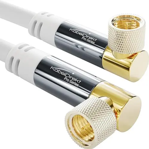 Produktbild: KabelDirekt – SAT Kabel weiß, Koaxialkabel, Satellitenkabel, 90° gewinkelt – 1m – TV Kabel mit F-Stecker, geschirmt, bruchfeste Metallstecker (geeignet für HDTV, Radio, DVB-T, DVB-C, DVB-S, DVB-S2)