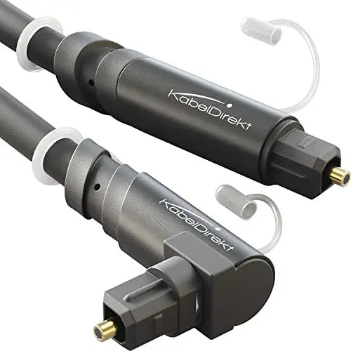 Produktbild: KabelDirekt – TOSLINK-Kabel 90° gewinkelt mit 0% Signalverlust – 1 m – Glasfaserkabel für Soundbar (TOSLINK auf TOSLINK, optisches Audiokabel, Stereoanlage/Verstärker, Heimkino, Xbox One/PS4)