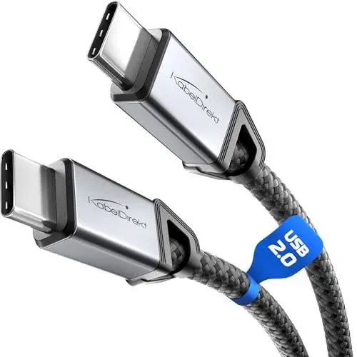 Produktbild: KabelDirekt – USB C Kabel zum Schnellladen, bruchfeste Metallstecker + Nylon-Braiding, USB 2.0 – 1m (lädt Handys/Laptops mit 60W, höchst robust, funktioniert als Ladekabel/Datenkabel, schwarz)